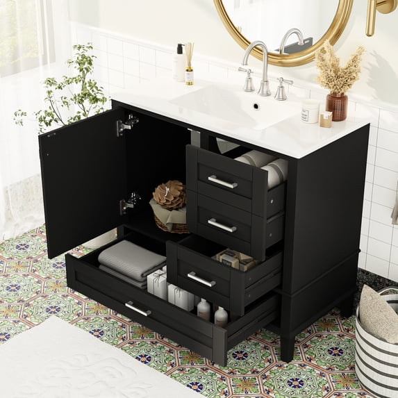 36-Inch Bathroom Vanity | Soft Close, Overflow Design for Dry Space | Premium Ceramic, Solid Wood Build | Organizes Bathroom Essentials