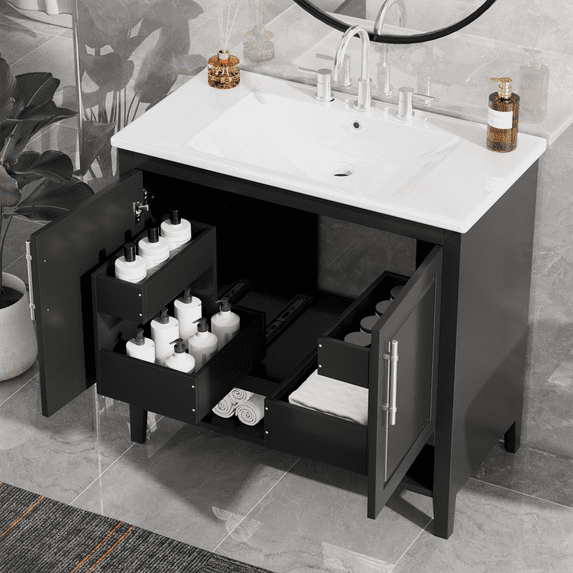 36 Inch Bathroom Vanity With Ceramic Sink 2 Drawers Solid Wood Frame Overflow Waterproof Modern Bathroom Cabinet