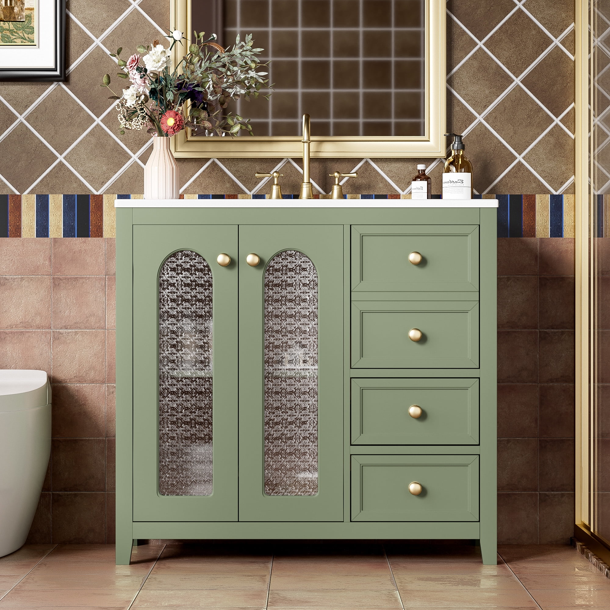 36-Inch Green Solid Wood Vanity with Ceramic Sink