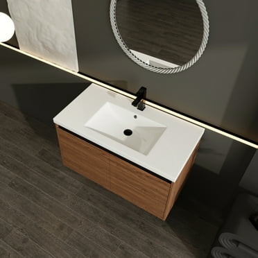 36 Inch Bathroom Vanity with Resin Countertop Sink,  2 Doors Bathroom Cabinet Set, Brown