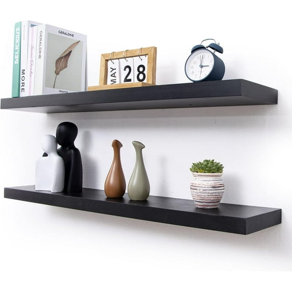36 Inch Black Floating Shelves for Wall Set of 2, Solid Lightweight Wood Wall Shelves, Floating Black Wall Shelves for Storage Display Ledges for Bedroom Kitchen Living Room