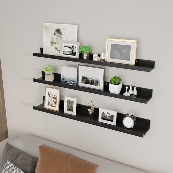 36 Inch Black Floating Shelves for Wall Woodgrain Picture Ledge Large Photo Shelf for Bedroom Living Room Kitchen Bathroom Storage Shelving, Set of 3 Different Sizes