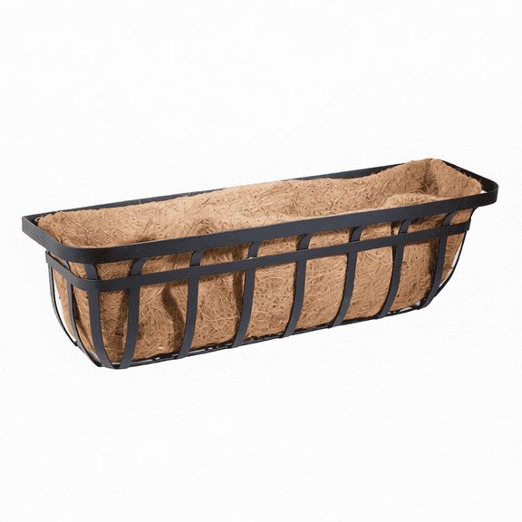 36 Inch Black Metal Window Box Planter with Coco Liner, Flat Iron Deck Rail Hanging Basket for Flowers and Herbs