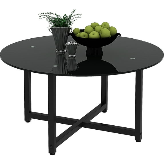36 Inch Black Round Glass Coffee Table For Living Room, Black Coffee Table, Circle Coffee Table, Small Round Coffee Table With Glass Top, Metal Frame, Tempered Glass