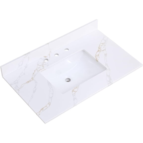 36 Inch Calacatta Gold Vanity Top with Sink, Quartz Vanity Top with Middle Undermount Sink & Backsplash,8in. Faucet Hole Spacing Bathroom Vanity Sink Top