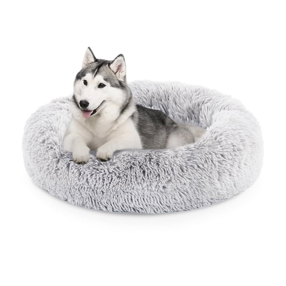 36 - Inch Calming Donut Bed for Dogs and Cats, Washable Plush Fur Cuddle Bed for Indoor Relaxation, Grey