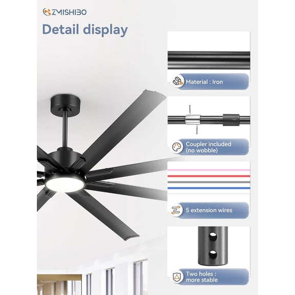36 Inch Ceiling Fan Downrod with Coupler, 1" Diameter and 36" Height Ceiling Fan Extension Rod with Wires, Downrods Extension for Most of Ceiling Fans, Black, Not Threaded
