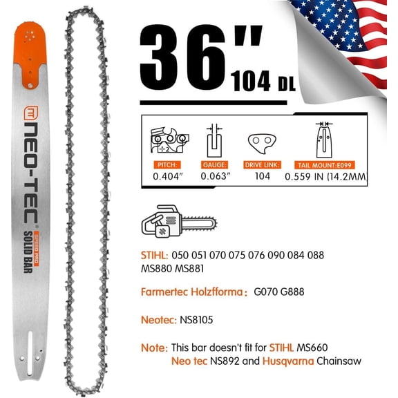 36 Inch Chainsaw Guide Bar Chain Combo 0.404 Chain Pitch 0.063 Gauge 104 Drive Links for Stihl 105cc MS070 NS8105 G070 MS880 MS090 for Oregon 363DXLLE099 for Stihl bar 3002 001 8052