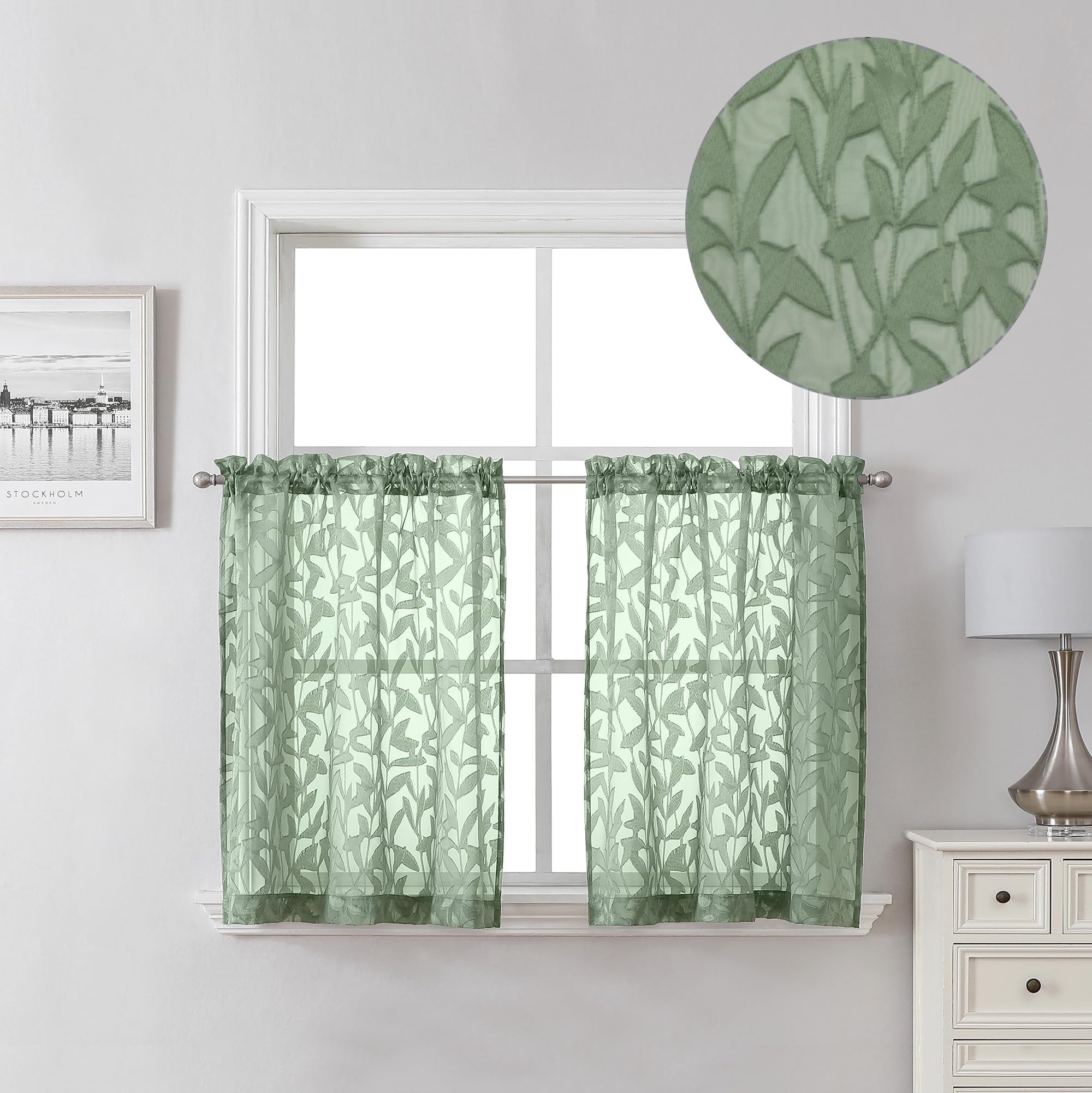 36 Inch Charcoal Grey Sheer Curtains 2 Panels Textured Jacquard Leaf ...