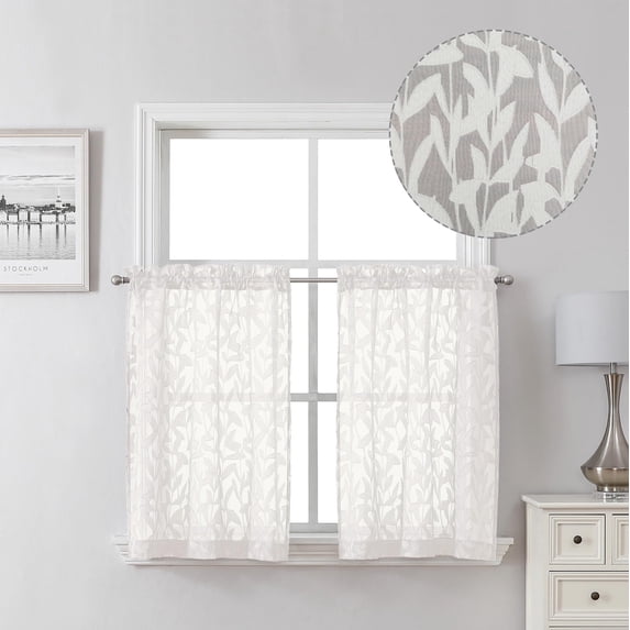 36 Inch Charcoal Grey Sheer Curtains 2 Panels Textured Jacquard Leaf ...