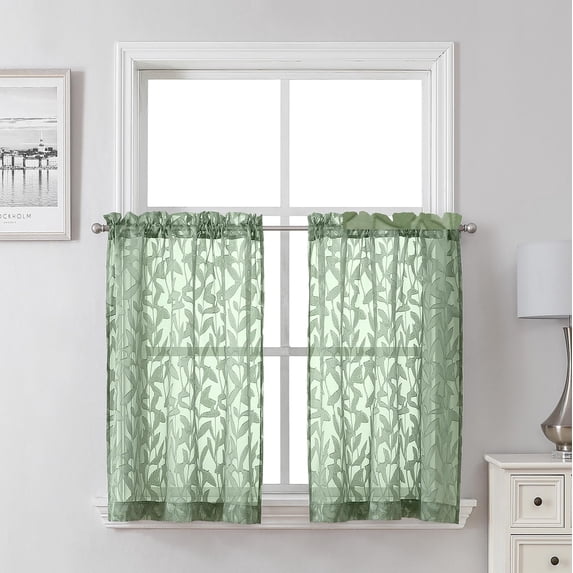 36 Inch Charcoal Grey Sheer Curtains 2 Panels Textured Jacquard Leaf ...