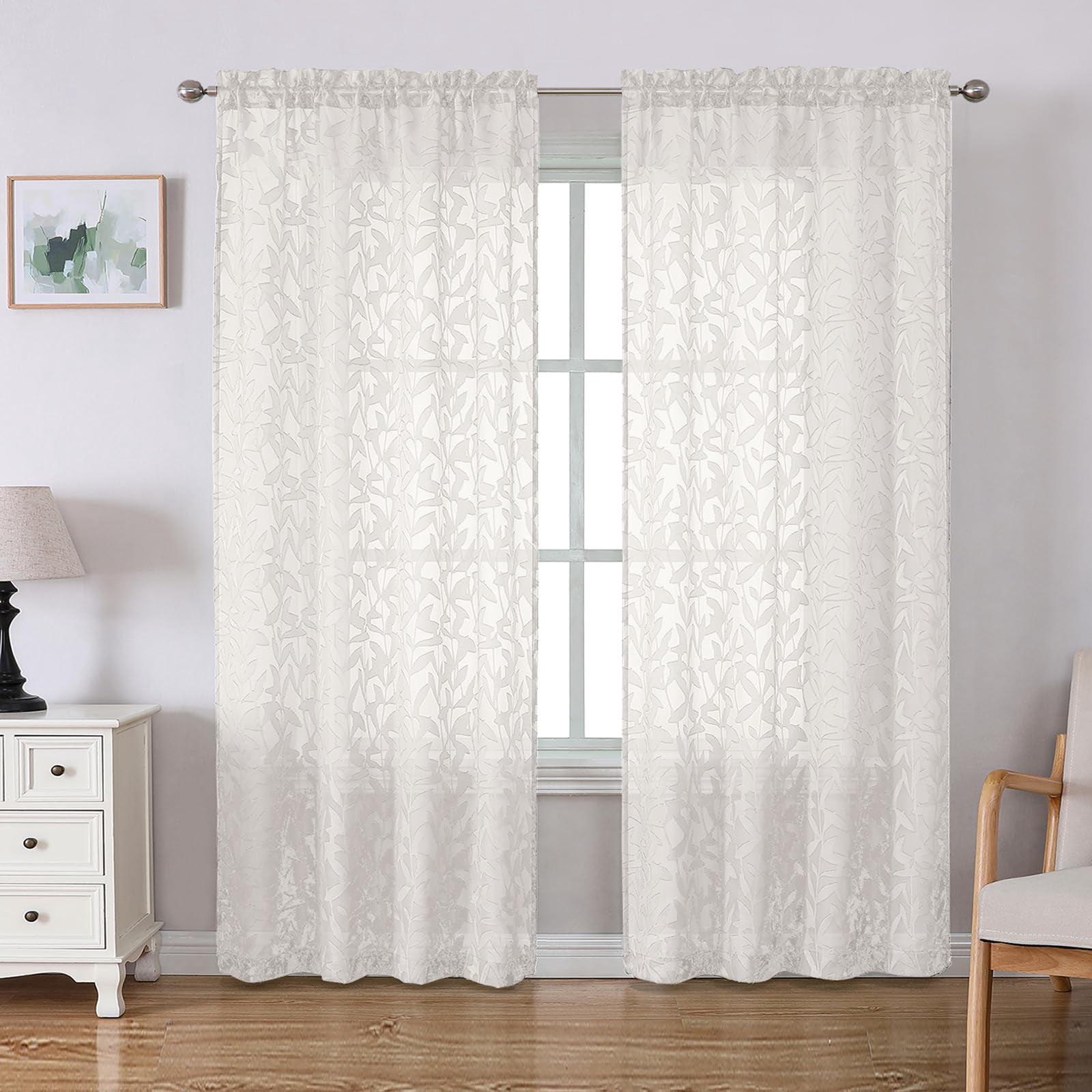 36 Inch Charcoal Grey Sheer Curtains 2 Panels Textured Jacquard Leaf ...