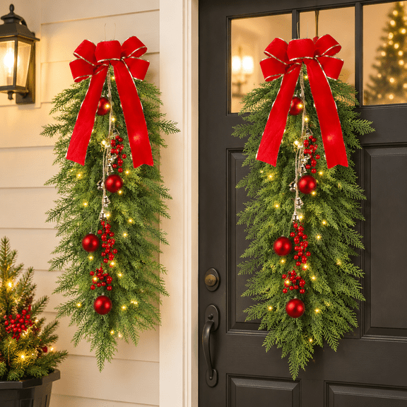 36 Inch Christmas Teardrop Swags with Lights Large Christmas Pine Teardrop Cedar Swag with Bow Artificial Pine Rustic Greenery Wreath for Front Door Holiday Party Decor