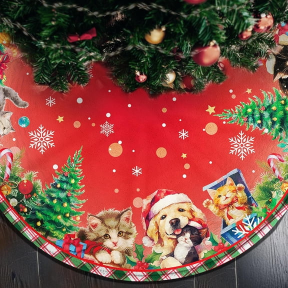 36 Inch Christmas Tree Skirt with Cats and Dogs, Christmas Soft Farmhouse Holiday Xmas Trees Decoration, Red Tree Skirt Indoor Outdoor, Christmas Tree Skirt Decoration