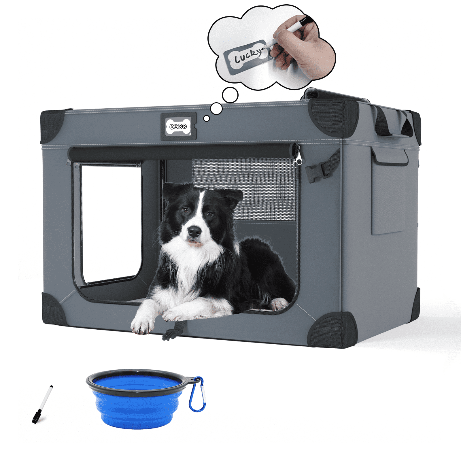36 Inch Collapsible Dog Crate for Large Dogs, 3-Door Foldable Soft Kennel with Fleece Bed and a Folding Bowl, Suitable for Indoor & Outdoor Portable Pet Kennel