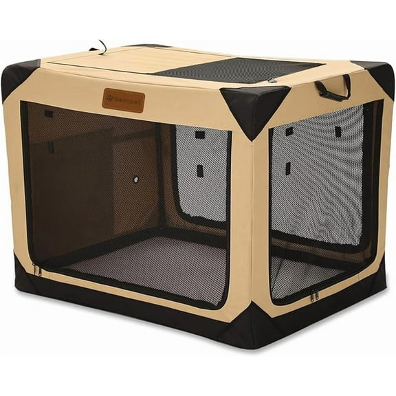 36 Inch Collapsible Soft Dog Crate for Large Dogs, 4-Door Foldable Travel Dog Kennel with Durable Mesh Windows for Indoor & Outdoor Portable Pet Crate, Soft Side Dog Crate, Beige