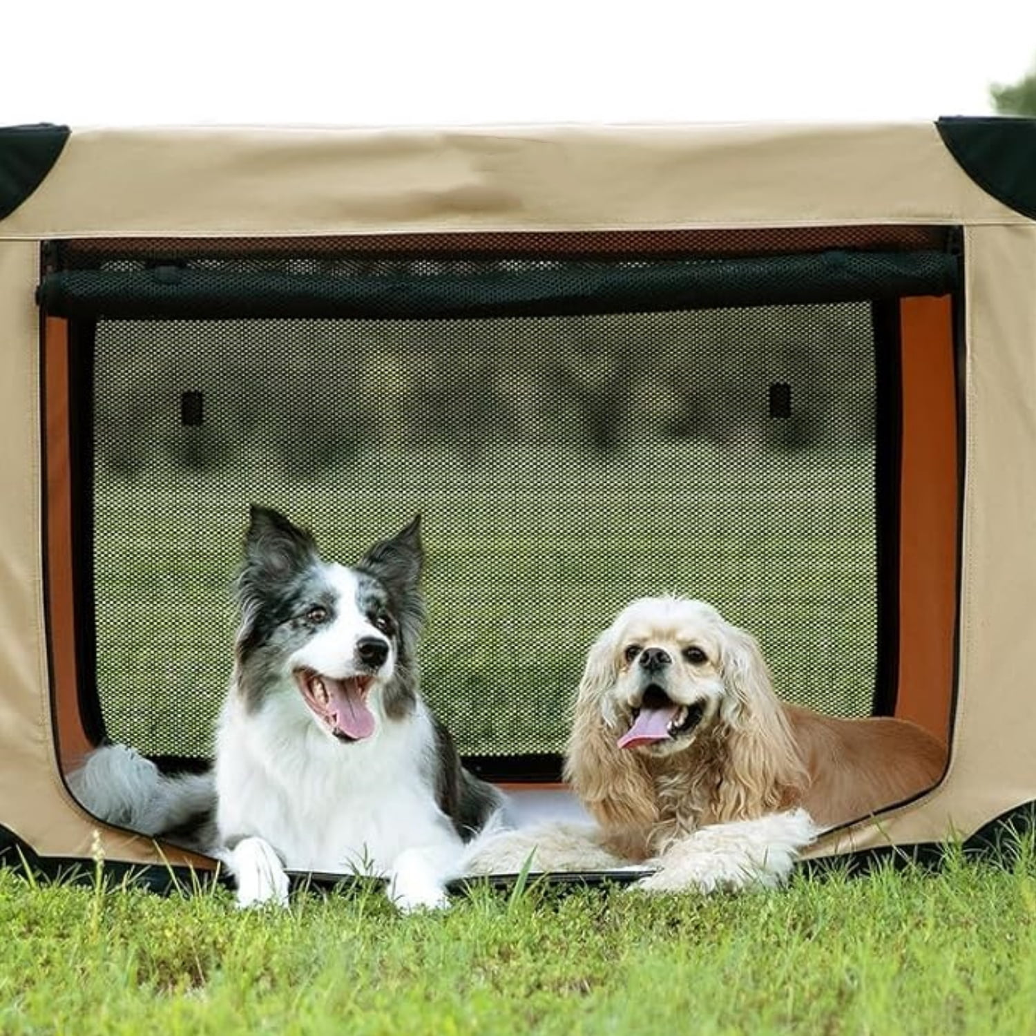 36 Inch Collapsible Soft Dog Crate for Large Dogs, 4-Door Foldable Travel Dog Kennel with Durable Mesh Windows for Indoor & Outdoor Portable Pet Crate, Soft Side Dog Crate, Beige
