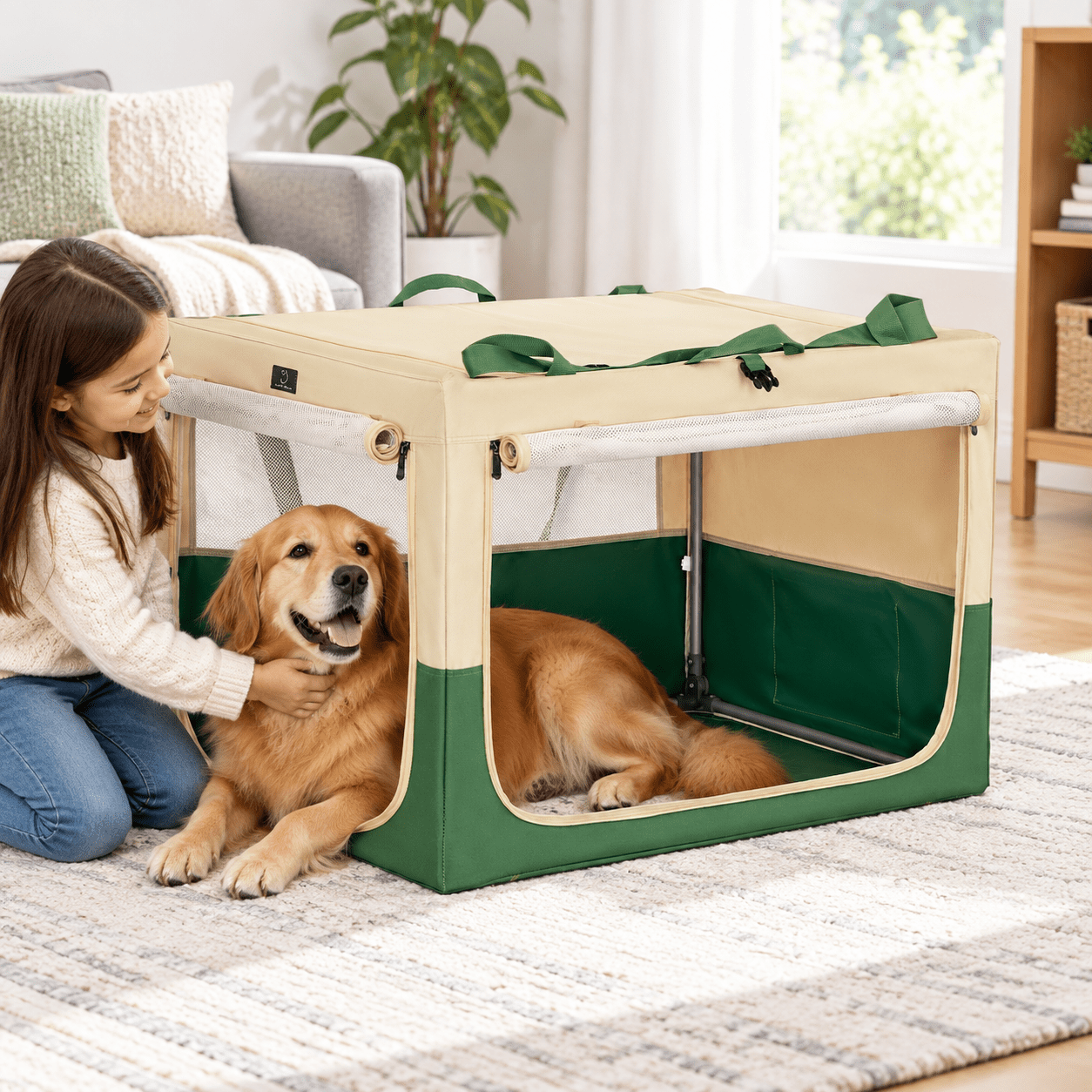 36-Inch Collapsible Soft Dog Crate for Large Dogs, Green+Beige, 36.0"L ...