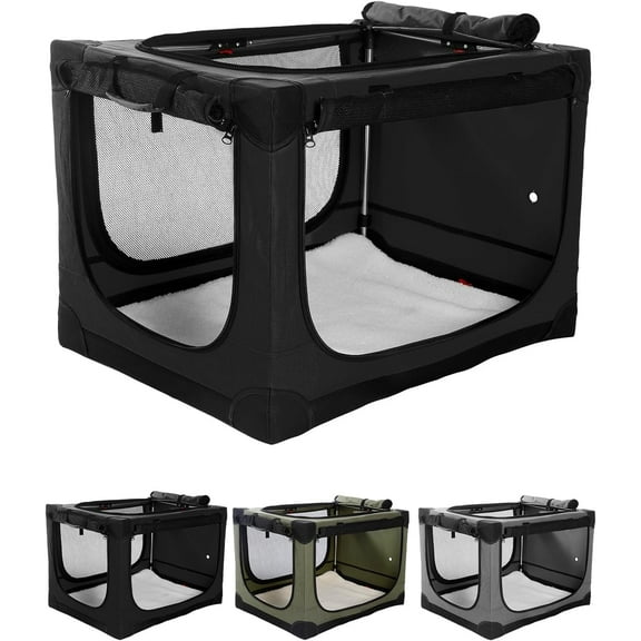 36 Inch Collapsible Travel Dog Crate for Medium Large Dogs, Portable Dog Crate 4-Door Foldable Soft Kennel with Chew-Proof Mesh Windows for Indoor & Outdoor Travel,with Storage Bag,Black