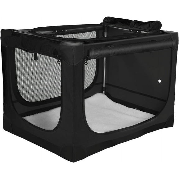 36-Inch Collapsible Travel Dog Crate, Portable 4-Door Soft Kennel for Medium to Large Dogs, Chew-Proof Mesh Windows, Indoor/Outdoor Use, Foldable, with Storage Bag (Black)