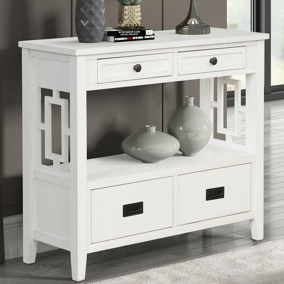 36 Inch Country Farmhouse Console Table with 4 Drawers and 1 Storage Shelf Pine Wood Suitable for Entryway Entrance Living Room Bedroom Hallway Kitchen ,Antique White