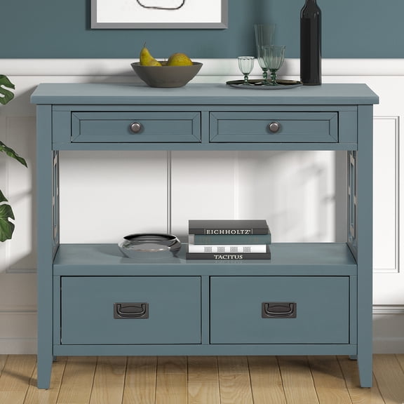 36 Inch Country Farmhouse Console Table with 4 Drawers and 1 Storage Shelf Pine Wood Suitable for Entryway Entrance Living Room Bedroom Hallway Kitchen ,Blue