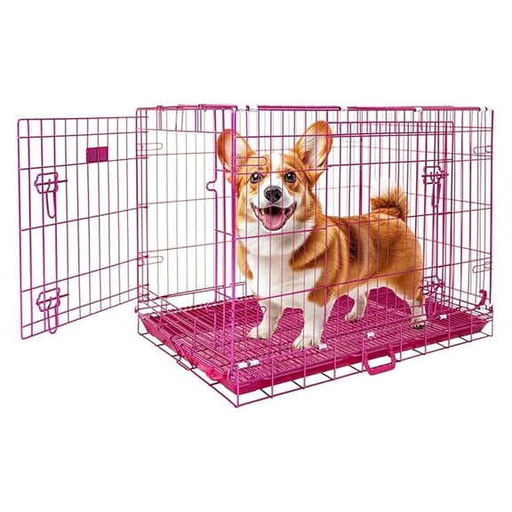 36 Inch Dog Crate, Cute Pink Dog Cage Collapsible Medium Dog Kennel Indoor, Nano-Coated Metal Wire Dog Crate with Removable Floor Grid Tray, Double Doors Dual Locks, Portable Handle