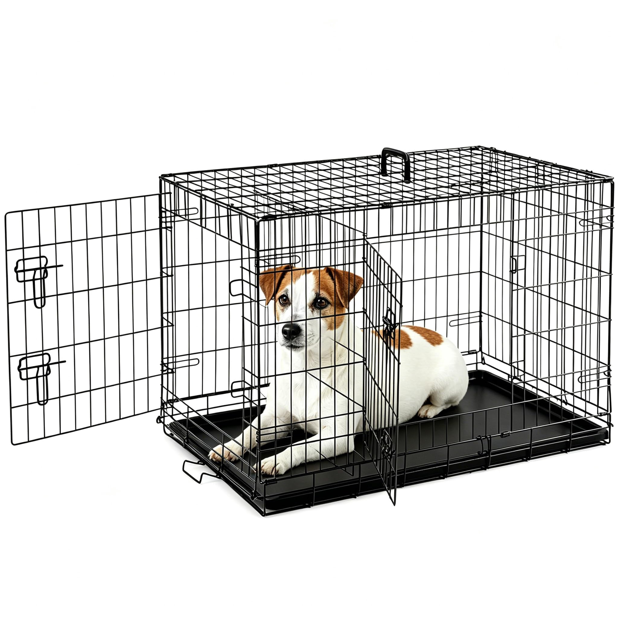 Medium Double-Door Folding Dog Crate with Leak-Proof Pan Tray, 36 Inch, Black
