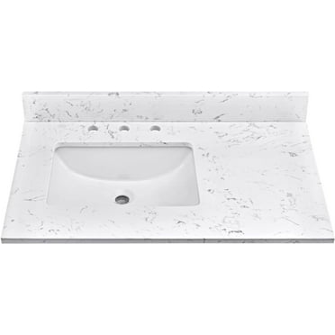 36 Inch Engineered Stone Vanity Top, Carrara White Vanity Sink Top with Rectangular Undermount Left Side Sink, 8 Inch Faucet Hole Spread with Backsplash Bathroom Countertop