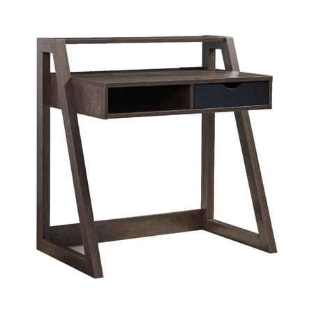 36 Inch Ethan 1 Drawer Desk, Raised Shelf, Angled Frame, Walnut Brown - Saltoro Sherpi