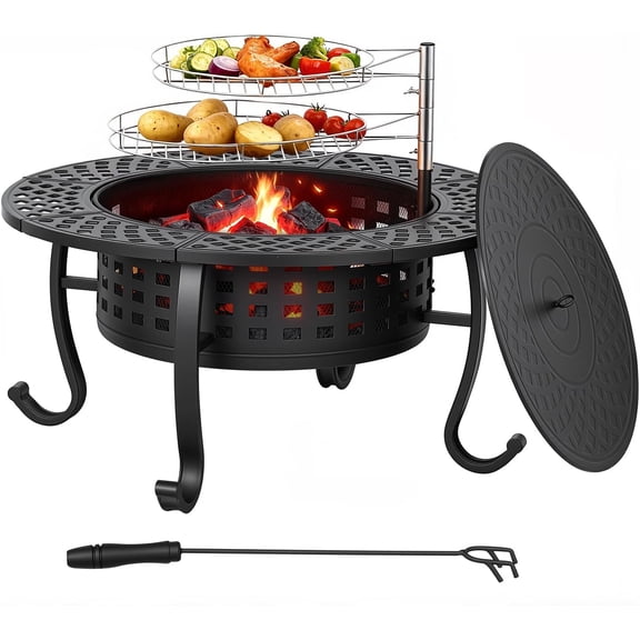 36 Inch Fire Pit with 2 Adjustable Grills, Wood Burning Outdoor Fire Pit with Lid, Poker & Waterproof Cover, 3-in-1 Fire Pit Table for BBQ, Bonfire & Patio Dining