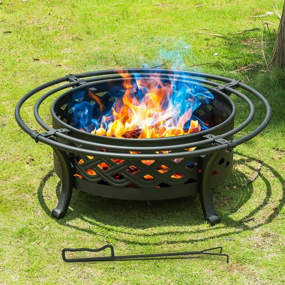 36 Inch Fire Pit with 2 Loops,Crossweave Wood Burning Fire Pits for Outside,with Spark Screen,Fire Poker,Round Outdoor Firepit for Patio,Yard,Garden,Camping,Bonfire(36''Black)