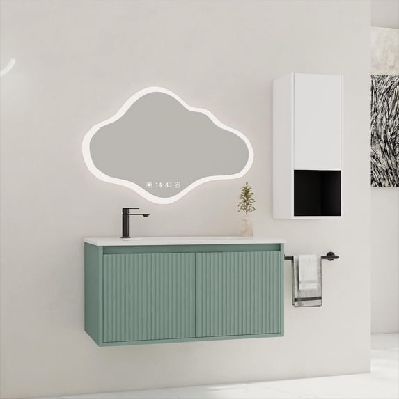 36 Inch Floating Bathroom Vanity with Drop-Shaped Resin Basin, Storage Side Cabinet & Soft-Close Doors - Modern Space-Saving Bathroom Furniture (Knockdown Assembly)