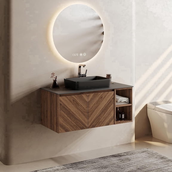 FHKJ HOME 36" Modern Floating Bathroom Vanity, Ceramic Sink & Black Sintered Stone Top, Wood Cabinet