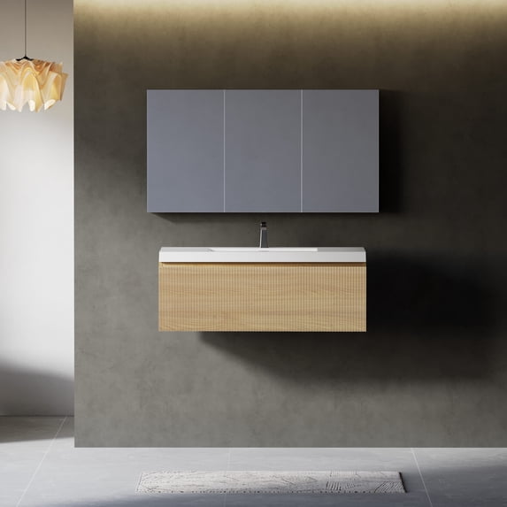 36 Inch Floating Bathroom Vanity with Sink Combo, Wall Mounted Storage Cabinet with Soft Close Drawers and Glossy White Solid Surface Basin in Natural Oak Finish for Modern Small Bathrooms