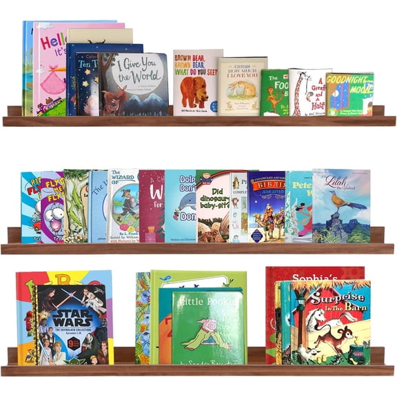 36 Inch Floating Book Shelves Rustic Wood Wall Picture Ledge Shelf for Storage Light Walnut Wall Mounted Picture Photo Display Shelf a Set of 3 Hanging Book Shelf