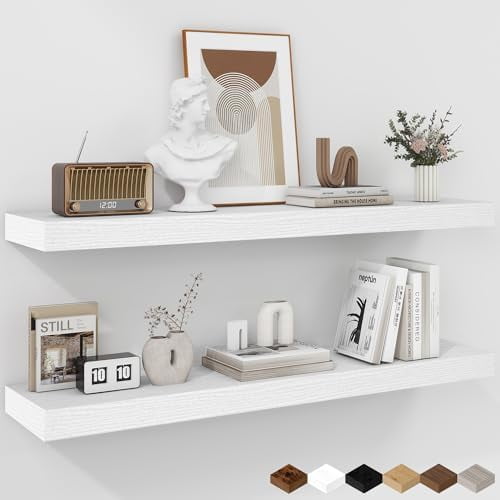 36 Inch Floating Shelves - Deep Rustic White Wooden Wall Shelves - Extra Deeper & Thicker Wall Mounted Storage Shelf for Bedroom, Kitchen, Farmhouse - 2 Pack, Rustic White