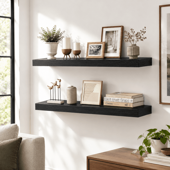 36 Inch Floating Shelves For Wall 8 Deep Rustic Wood Set Of 2 Mounted ...