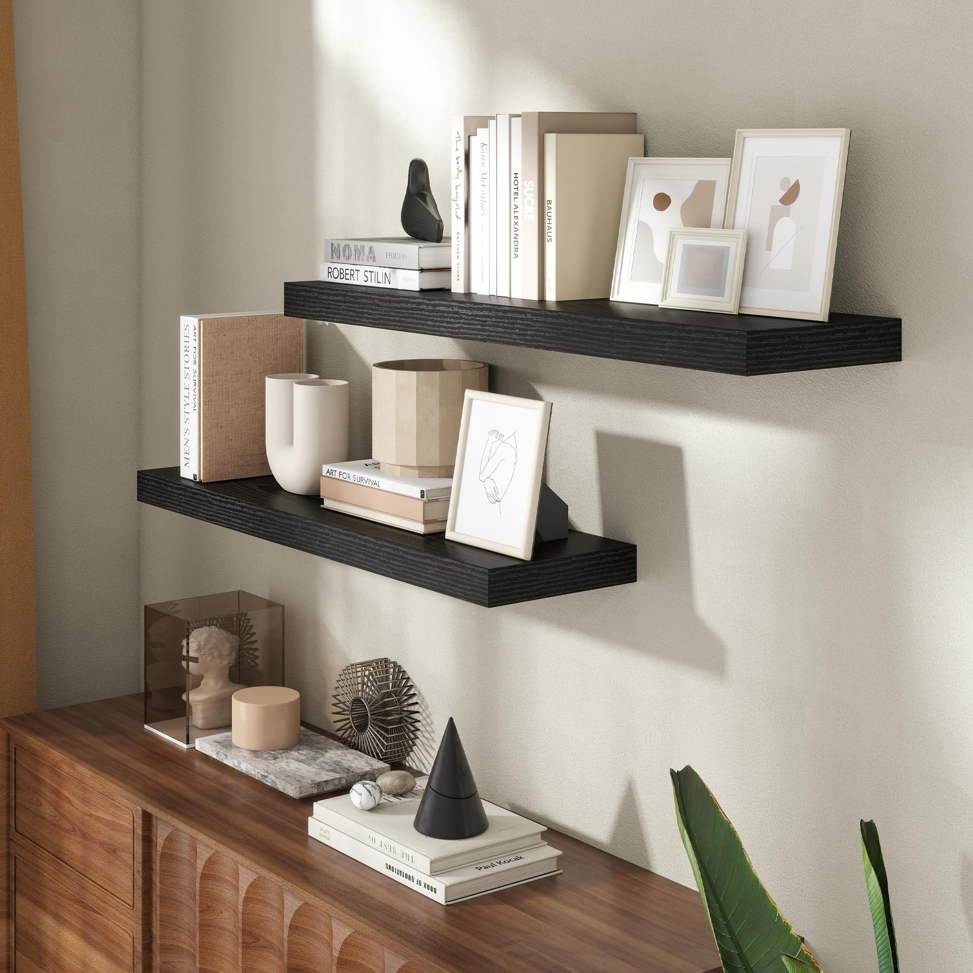 36 Inch Floating Shelves For Wall  8 Deep Shelf Storage & Display Rustic Mounted With Invisible Brackets Living Room Kitchen Bathroom Home Decor Set Of 2 Black