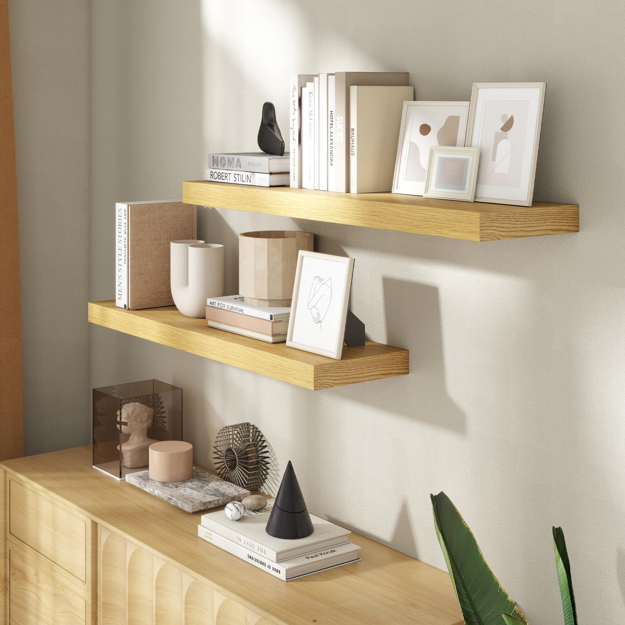 36 Inch Floating Shelves For Wall  8 Deep Shelf Storage & Display Rustic Mounted With Invisible Brackets Living Room Kitchen Bathroom Home Decor Set Of 2 Oak
