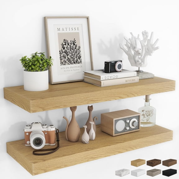36 Inch Floating Shelves for Wall, Set of 2, Oak, 36"L x 8"D, Rustic Wood Grain, Wall Mounted with Invisible Brackets