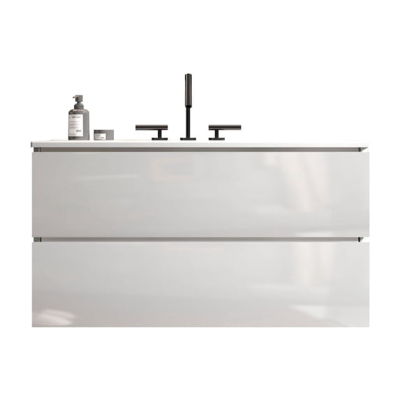 36-Inch Floating Wall-Mount Bathroom Vanity with Ceramic Sink, Three Faucet Holes & Expanded Storage, Space-Saving Glossy White Design for Modern Small Bathrooms