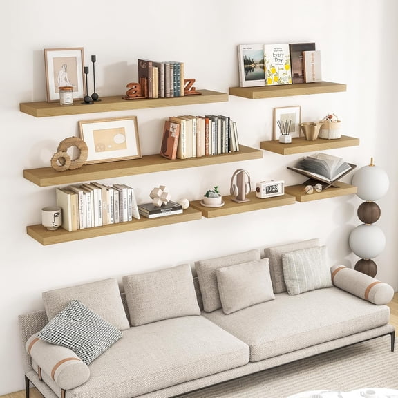 36 Inch Oak Floating Wall Shelves 2-Pack, 8" Deep Wood Mounted Shelves with Invisible Brackets for Kitchen, Bathroom, Bedroom, Living Room