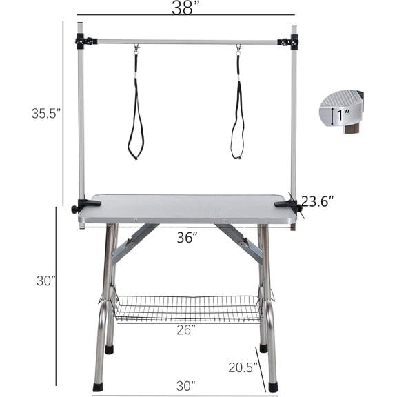 36 Inch Foldable Stainless Steel Pet Grooming Table with Adjustable Arm and Mesh Tray for Dogs Up to 330lbs