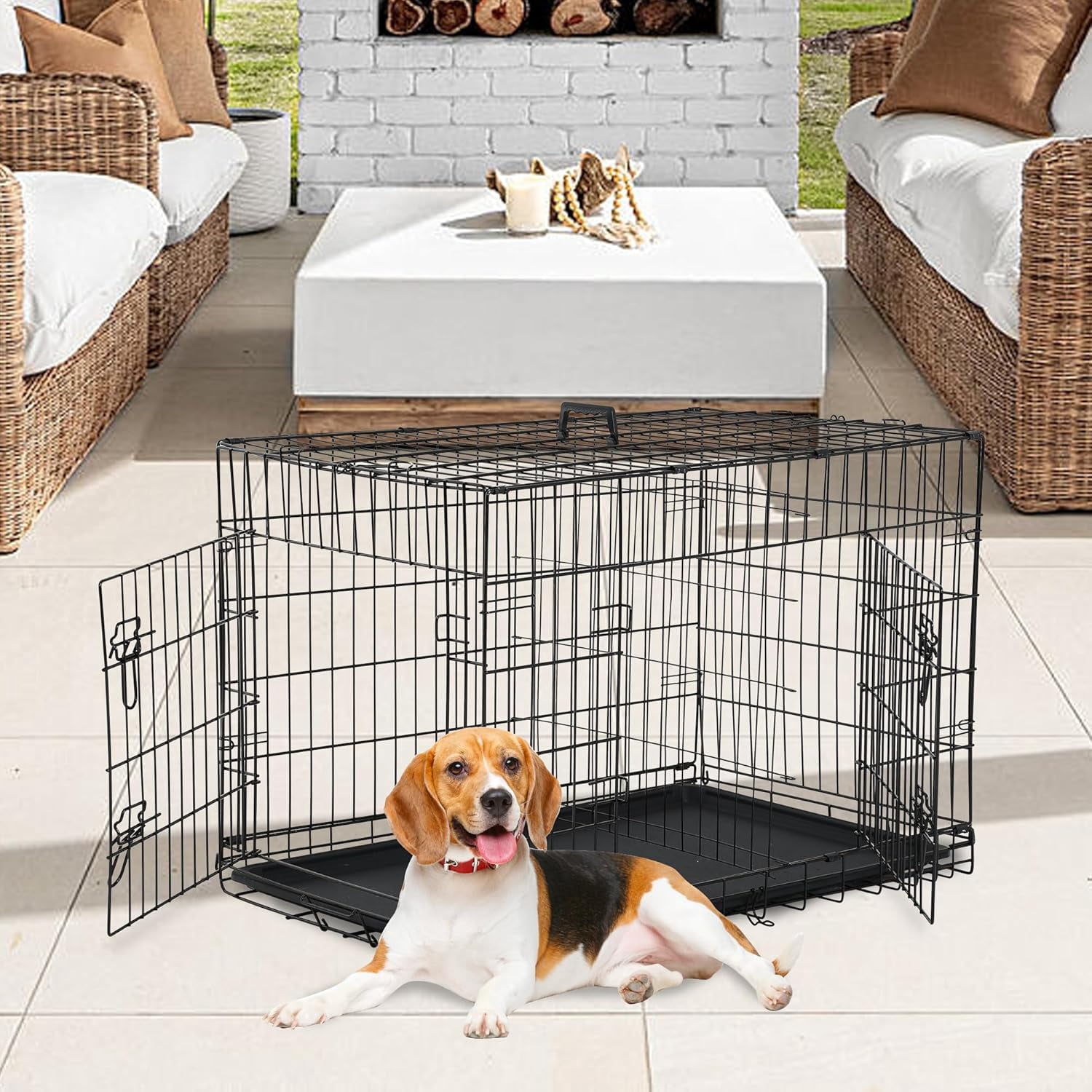 View of 36 Inch Folding Metal Dog Crate with Double Door, Removable Tray ...