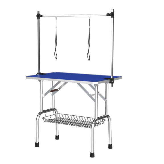 36Inch Folding StainlessSteel Pet Grooming Table with NonSlip Rubber Tabletop, Adjustable Grooming Arm, Nylon Loop and Storage Basket for Dogs and Cats, Blue Color