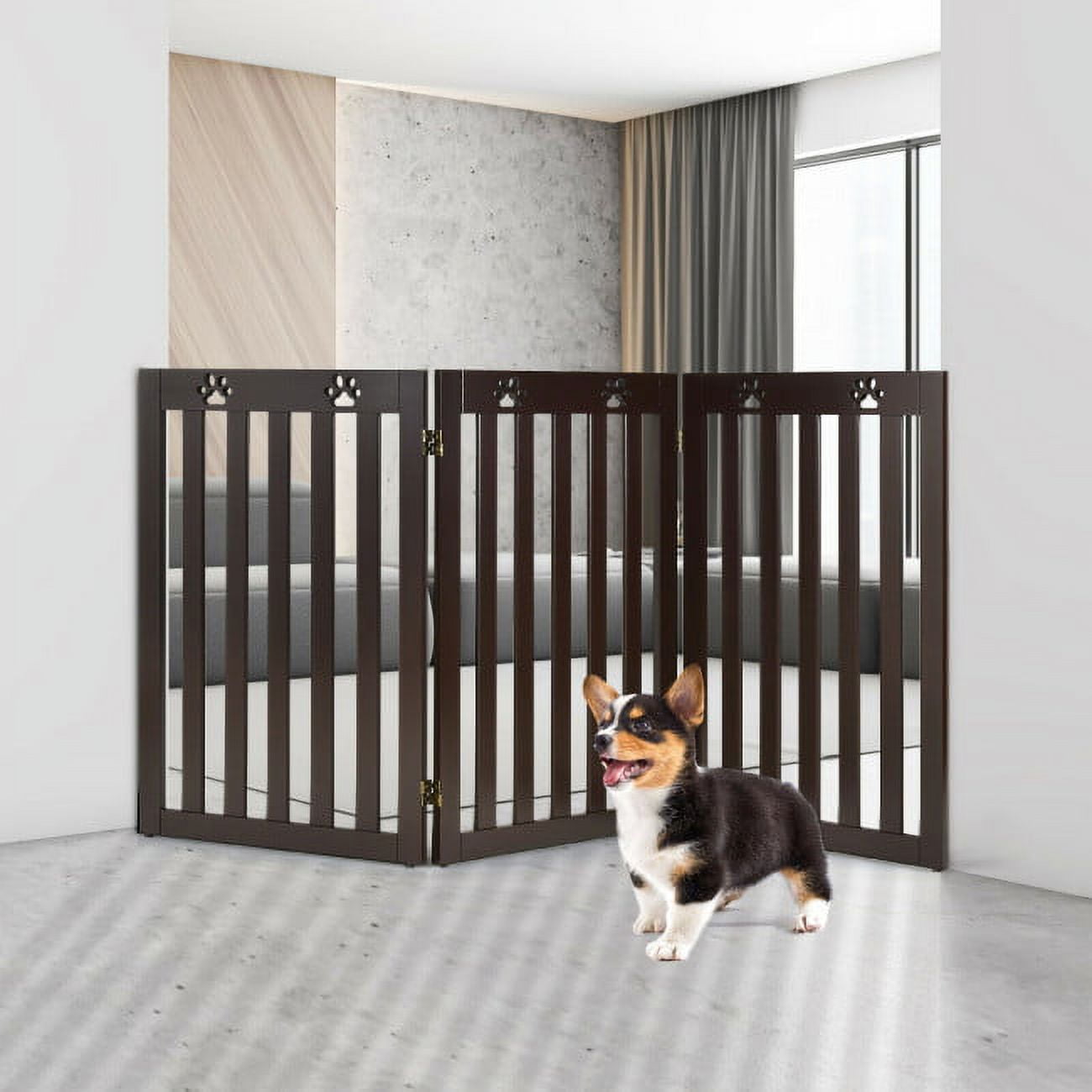 36 Inch Folding Wooden Freestanding Pet Gate Dog Gate with 360