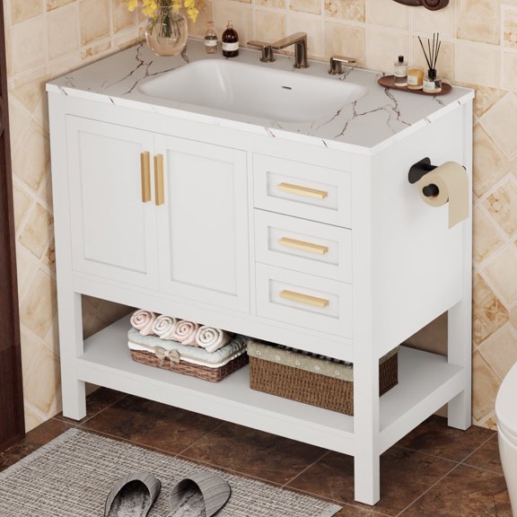 36 Inch Freestanding Bathroom Vanity with Sink, Farmhouse Bathroom Storage Cabinet with 2 Drawers & Open Shelf, Paper Towel Holder,Rustic Storage for Master or Family Bathroom, White