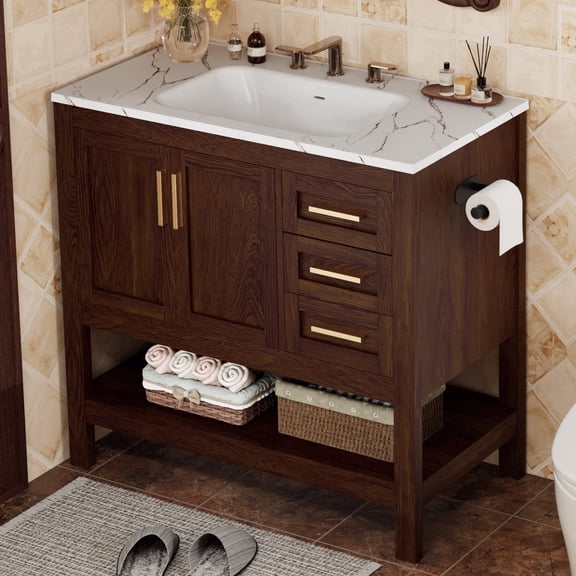 36 Inch Freestanding Bathroom Vanity with Sink, Farmhouse Bathroom Storage Cabinet with 2 Drawers & Open Shelf, Paper Towel Holder,Rustic Storage for Master or Family Bathroom, Walnut