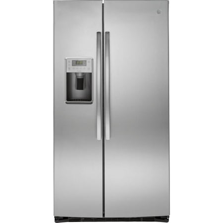 GE PSE25KYHFS 36 Inch Freestanding Side by Side Refrigerator with 25.4 cu. ft. Capacity, 4 Glass Shelves, External Water Dispenser, Crisper Drawer, Ice Maker, Frost Guard Defrost, Energy Star Certifie